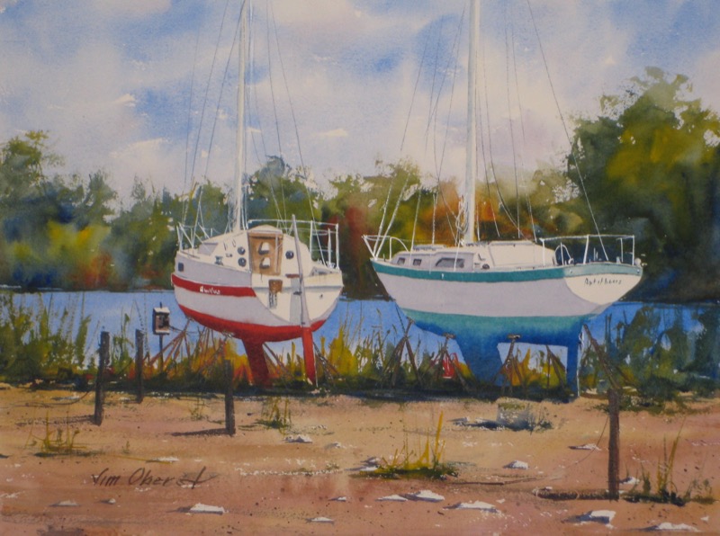 seascape, landscape, sailboat, boat, drydock, maine, midcoast, original watercolor painting, oberst